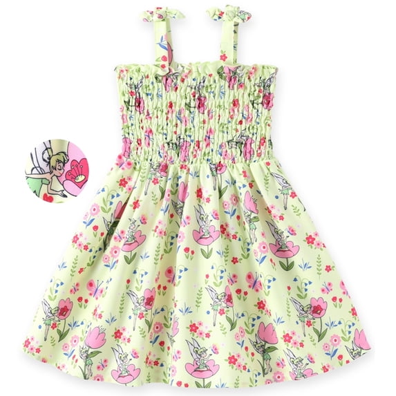 Disney Girls Dresses Tinkerbell Flower Bow Floral Sundress Spaghetti Strap Garden Spring Dress Baby Toddlers 2T