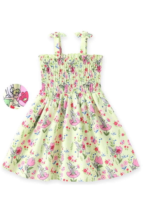 Girls Dresses Tinkerbell Flower Bow Floral Sundress Spaghetti Strap Garden Spring Dress Kids 6-7Y