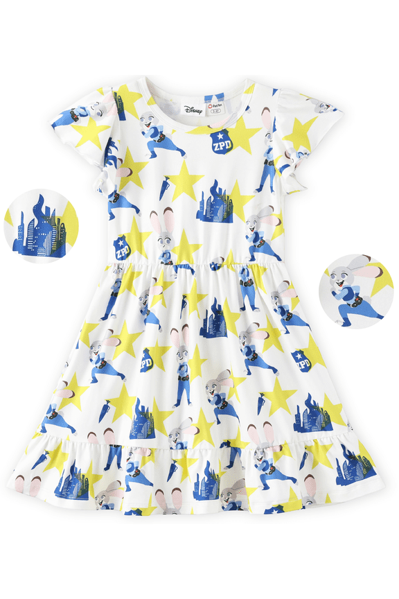 Girls Dresses Zootopia Judy Hopps Graphic Rabbit Flutter Sleeves Easter Summer Holiday Dress Kids 5-6Y