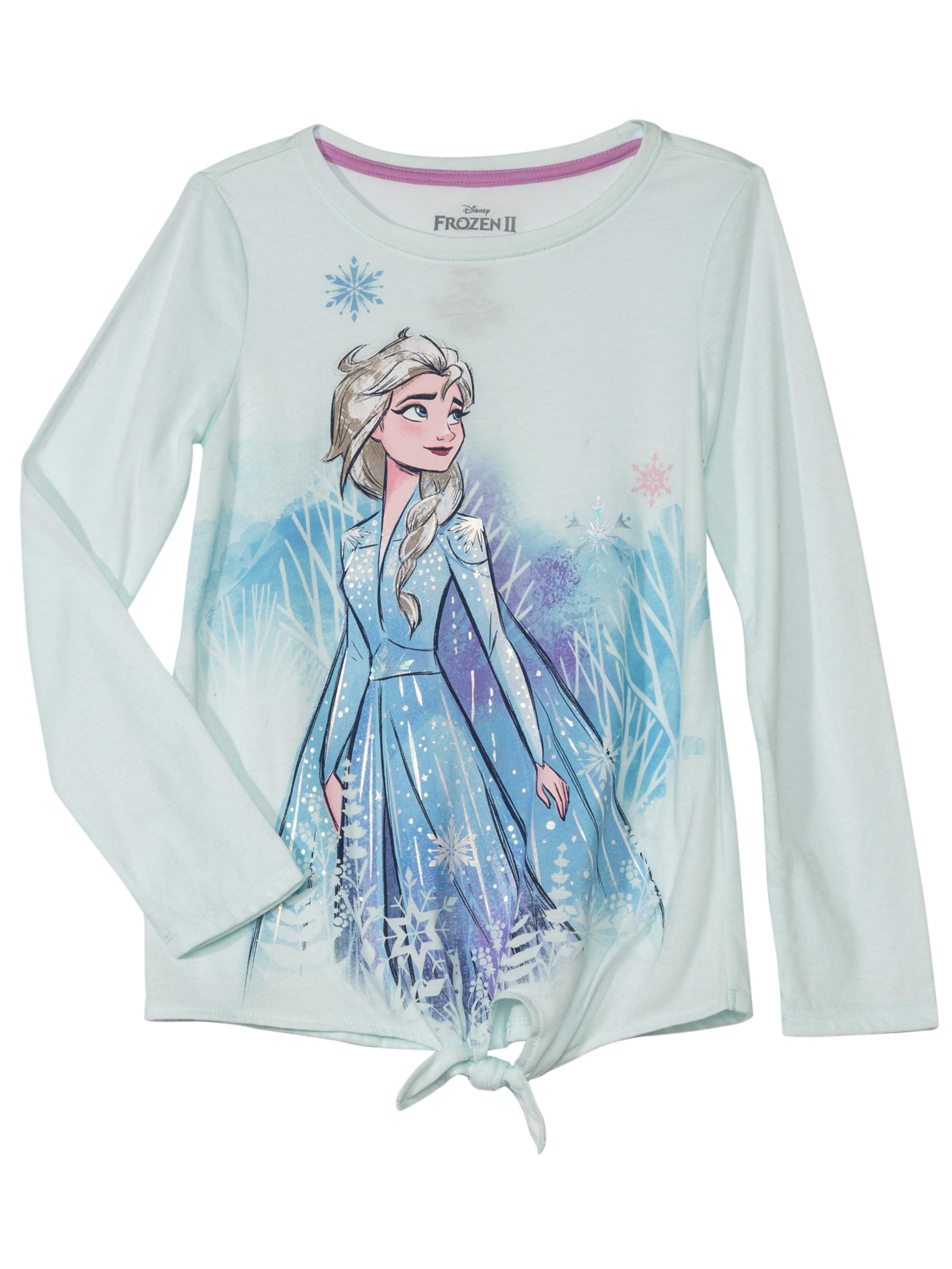 Sleeve Side Sizes Long Graphic 2 T-Shirt, 4-16 or Tie Frozen Disney Elsa Girls Anna