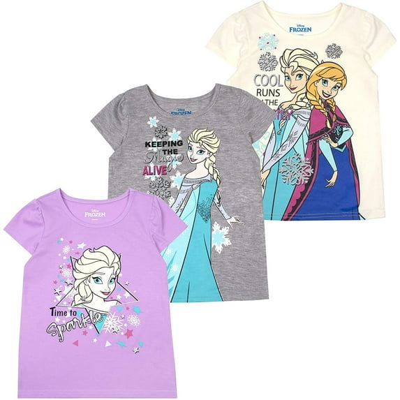 Disney Girls Frozen 3-Pack Short Sleeve T-Shirts, Casual Clothing for Toddlers and Kids - Anna and Elsa