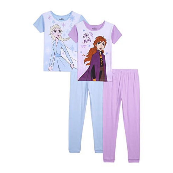 Disney Girls' Frozen 4-Piece Cotton Pajama Set, Winter Hues, 6