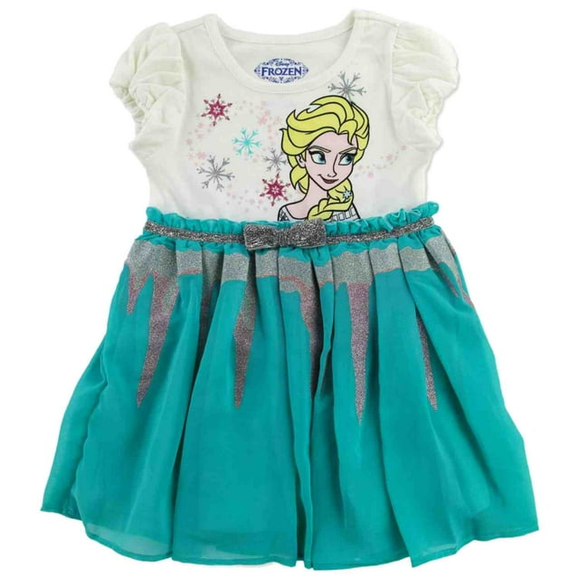 Disney Girls Frozen Princess Elsa Glittery Aqua Green Short Sleeve Dress 5