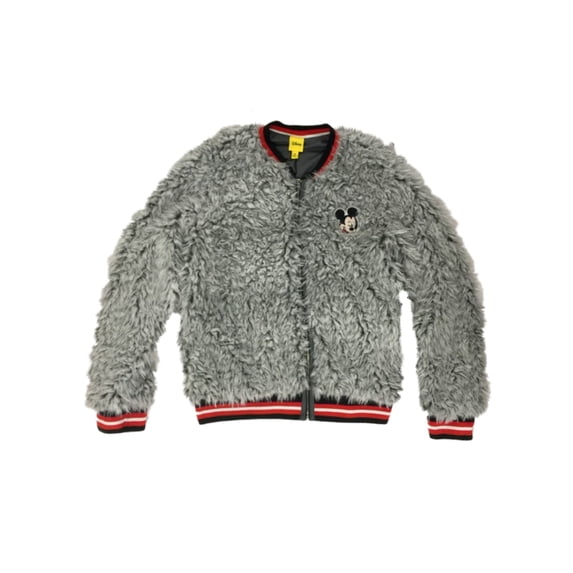 Disney Girls Gray Faux Fur Mickey Mouse Zip Front Sweatshirt Jacket Medium