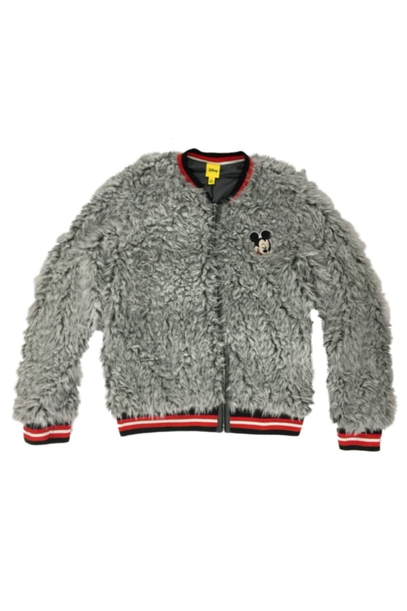 Girls Gray Faux Fur Mickey Mouse Zip Front Sweatshirt Jacket XX-Small