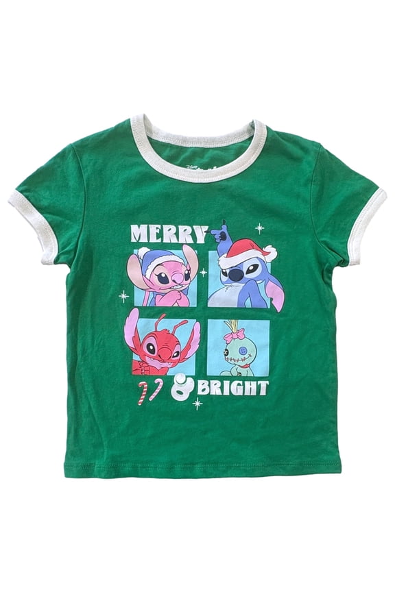 Disney Girls Lelo & Stitch Green Merry & Bright Short Sleeve Christmas T-Shirt S