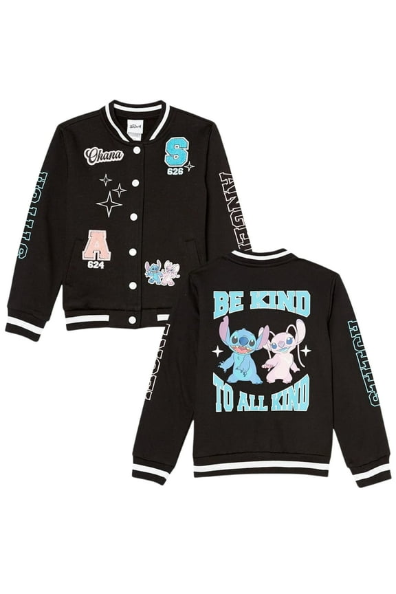 Girls' Lilo & Stitch & Angel Fleece Button Up Varsity Bomber Jacket Toddler to Big Kid, Black