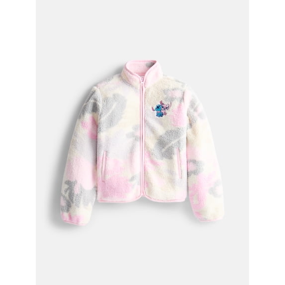 Disney Lilo & Stitch Girls Camo Floral Print Fleece Zip Up Jacket, Size 4-16