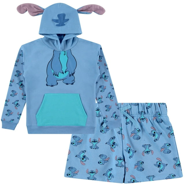 Disney Girls Lilo & Stitch Clothing Set Stitch Sweatshirt Hoodie and Shorts Set Little and