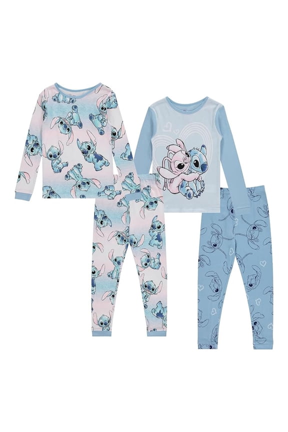 Girls Lilo and Stitch Pajamas Set, 4 Piece Combo Set, Long Sleeve & Pajama Pants Light Blue – 4