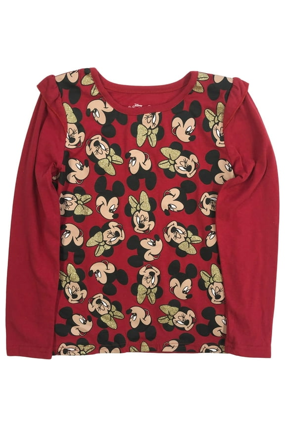 Girls Long Sleeve Red Mickey & Minnie Mouse Glitter Tee Shirt 6X
