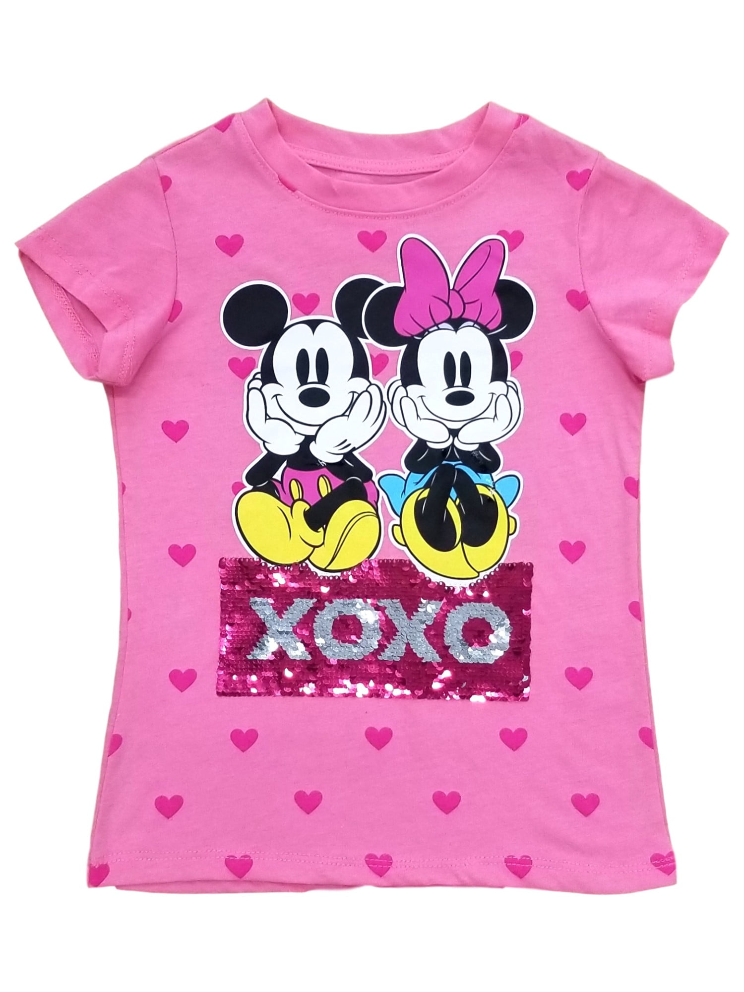 Disney Girls Minnie Mickey XOXO Pink Sequins Heart Short Sleeve