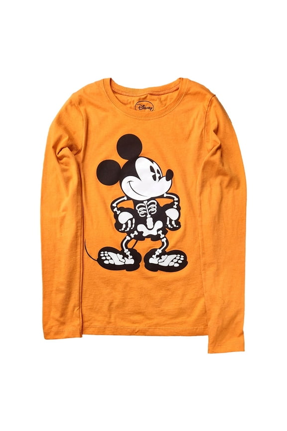 Girls Orange Mickey Mouse Skeleton Halloween Tee T-Shirt Large 10-12