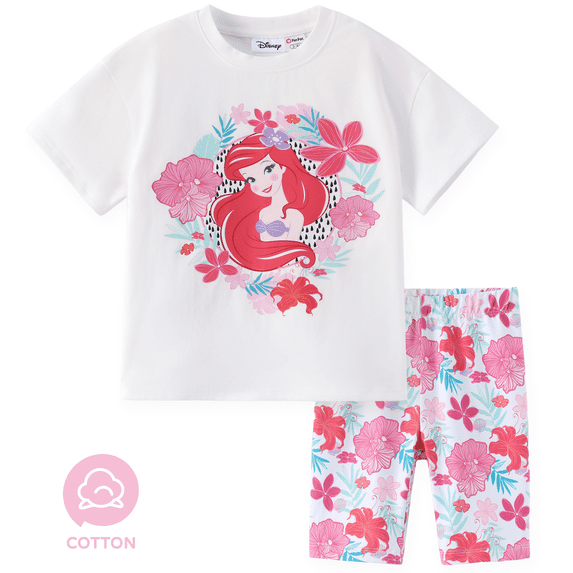 Disney Girls Outfit Set Princess Ariel Graphic Oversize Cotton T-shirt and Leggings Bike Shorts Summer Outfits Sets Kids 8-9Y