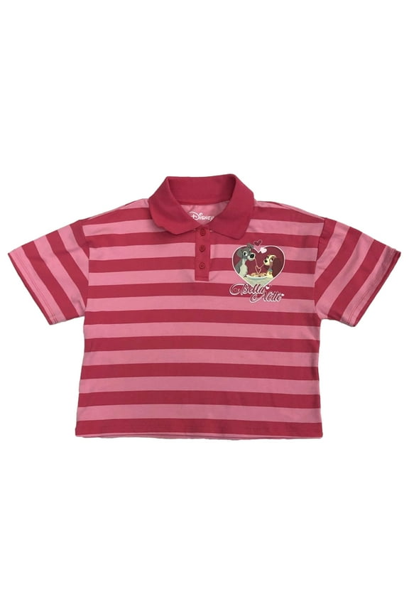 Girls Pink Striped Cropped Lady & the Tramp Polo Shirt Large (10-12)