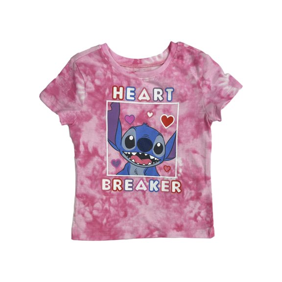 Disney Girls Pink Tie Dye Stitch Heart Breaker Valentines Shirt X-Small (4-5)