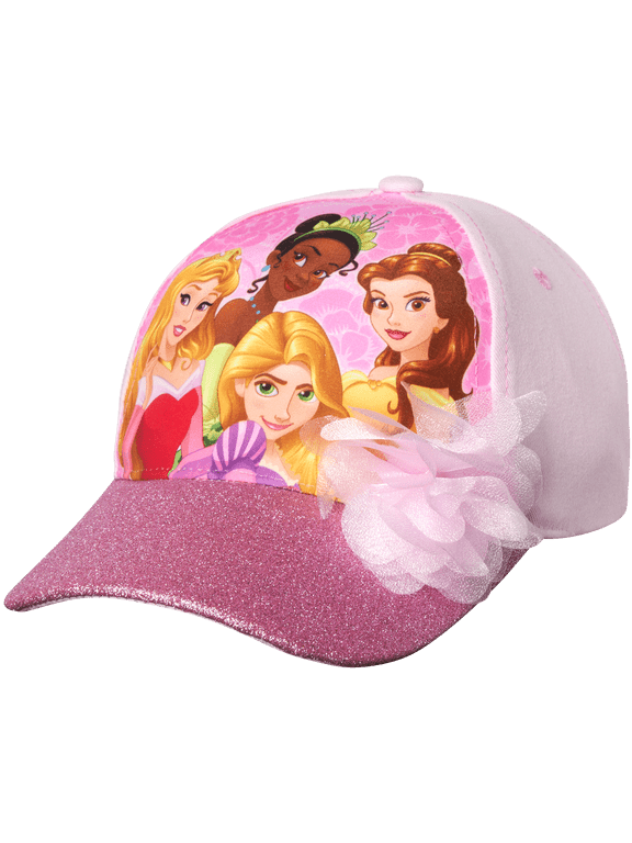 Girls Princess Glitter Baseball Cap - Frozen Elsa, Anna, Cinderella, Belle, Ariel (2-7)