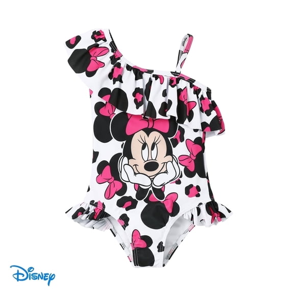 Disney Girls Swimsuit Minnie Mouse Graphic One Piece Ruffled One Shoulder Bathing Suits Sizes 3-10Y
