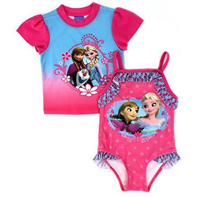 Disney Girls Swimsuit and Rashguard Swimwear Set (4T, Frozen Pink