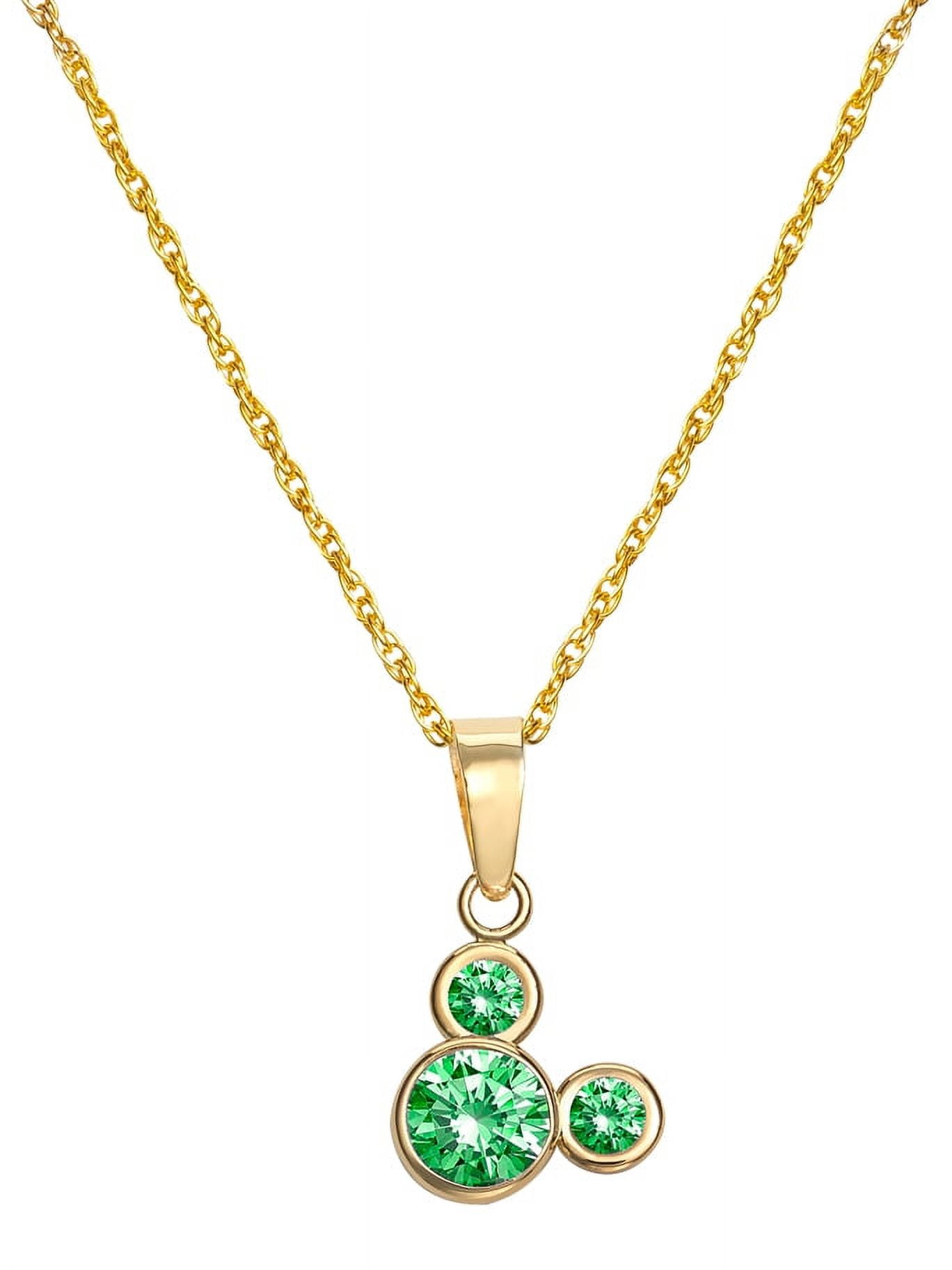 Disney Girls/Tween Mickey Mouse 10kt Gold Green Cubic Zirconia Pendant, 16" + 2" Gold Filled Chain