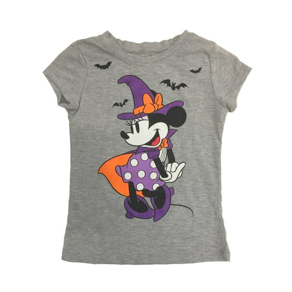 Disney Girls Witch Minnie Mouse Gray Glitter Halloween Short Sleeve Shirt XS