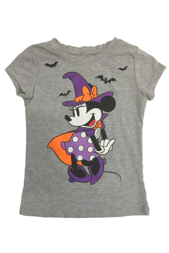 Girls Witch Minnie Mouse Gray Glitter Halloween Short Sleeve Shirt XS