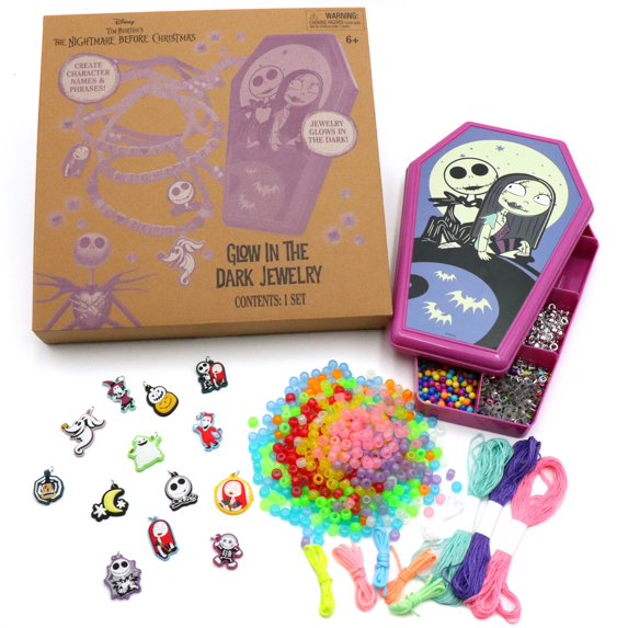 Disney: Glow-In-The-Dark Jewelry - The Nightmare Before Christmas - DIY Activity Set, Cord Necklaces-Bracelets, Character Charms, Letter Beads, Kid 6+