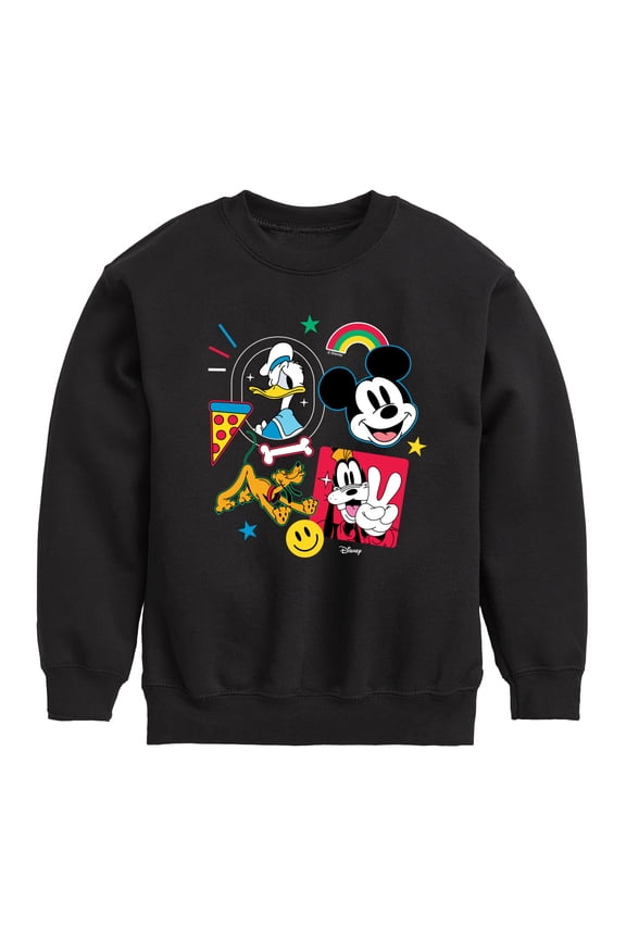 - Goofy Donald Mickey Pluto Stickers Graphic Long Sleeve Fleece Sweatshirt