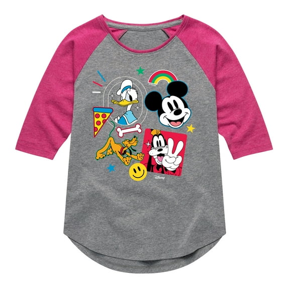 Disney - Goofy Donald Mickey Pluto Stickers - Youth Girls Raglan Graphic T-Shirt