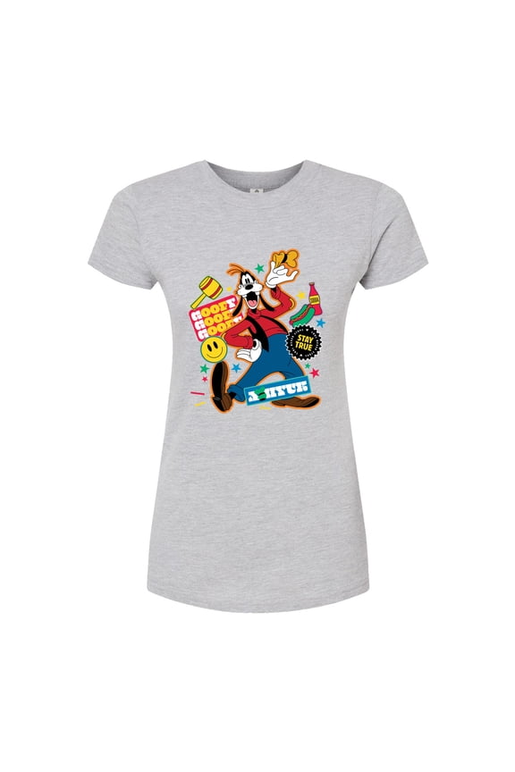 - Goofy Sticker Look - Juniors Fitted Graphic T-Shirt