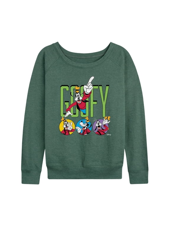 - Goofy Tee Women's Lightweight French Terry Wide Neck Long Sleeve Graphic Shirt