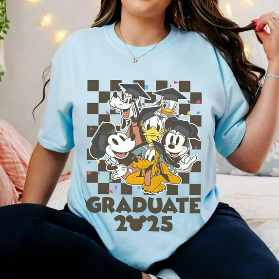 Disney Graduate T-Shirt, Mickey & Friends Graduate 2025 Shirt, Disney Grad Family Matching Tee, Disney Family Squad Graduation,Light Blue color,size L