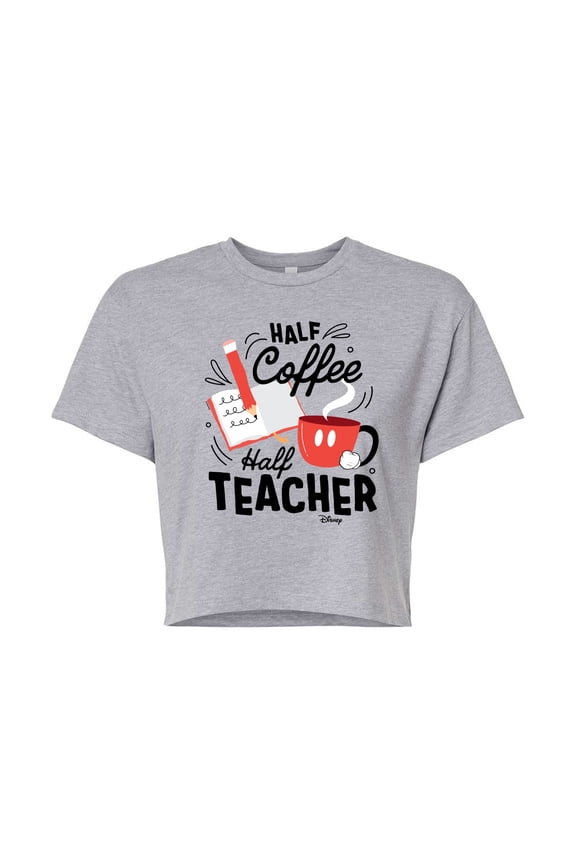 - Half Coffee Half Teacher - Juniors Cropped Cotton Blend T-Shirt
