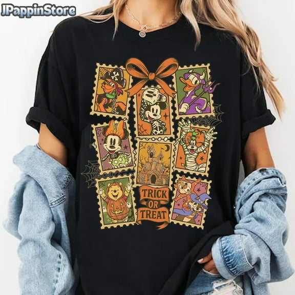 Disney Halloween Stamp Shirt, Mickey Minnie Donald Goofy Daisy Pooh Chip Dale Tee, Trick or Treat Vintage Costume T-Shirt