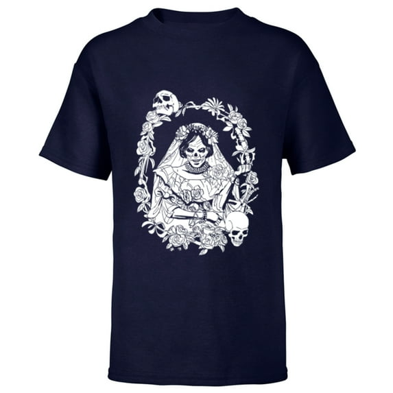 Disney Haunted Mansion Movie The Bride Ghost Skulls & Roses - Short Sleeve T-Shirt for Kids - Customized-Navy