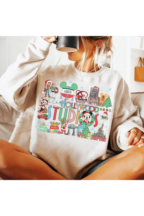 Disney Hollywood Studios Christmas Mickey and Friends Sweatshirt, Vintage Unisex Sweater,Sand Color,Size M