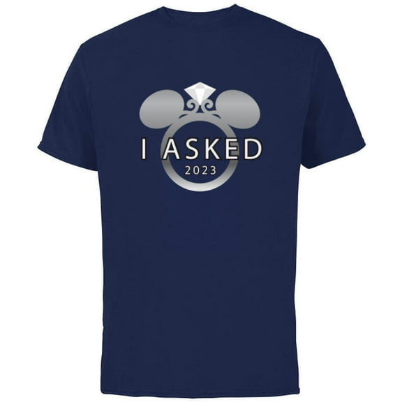 Disney I Asked 2023 Engagement Ring Proposal Mickey - Short Sleeve Cotton T-Shirt for Adults - Customized-Navy