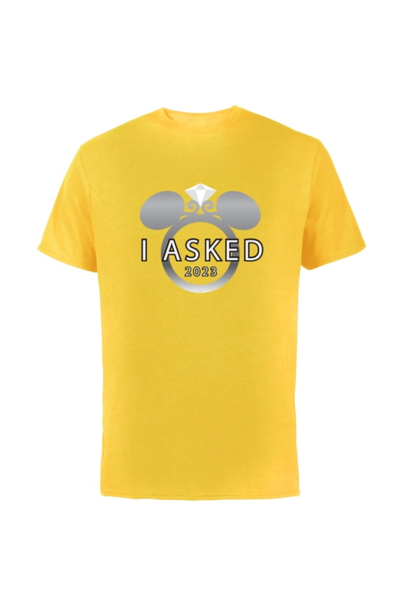 I Asked 2023 Engagement Ring Proposal Mickey - Short Sleeve Cotton T-Shirt for Adults - Customized-Yellow