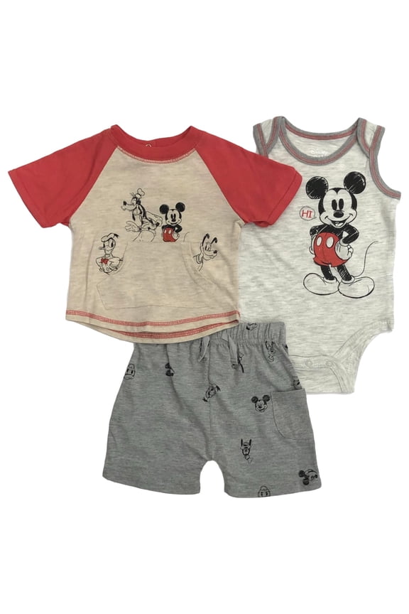 Infant Boys 3pc Mickey Mouse Baby Outfit Bodysuit Tee & Shorts Set NB
