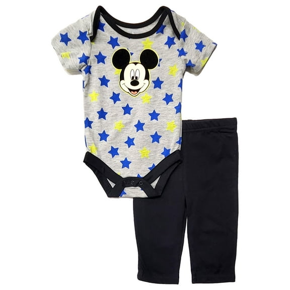 Disney Infant Boys Gray Star Mickey Mouse Short Sleeve Top & Black Pant Set 6-9m