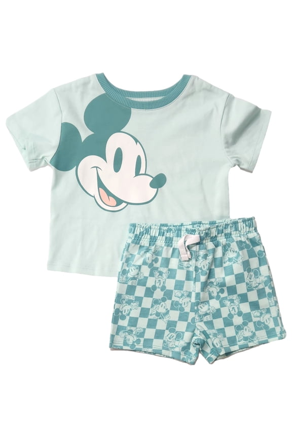 Infant Boys Green Check Mickey Mouse Shirt & Print Shorts Set 9 Months