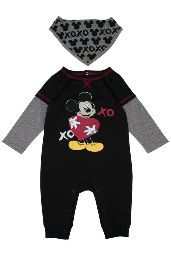 Infant Boys Mickey Mouse Valentines Outfit Coverall & Bandana Bib Set