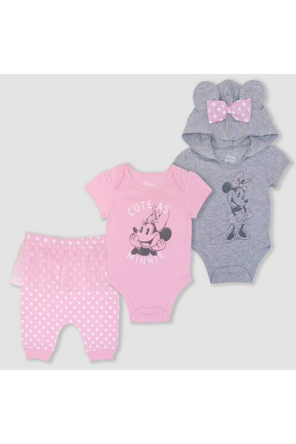 Infant Girls 3pc Minnie Mouse Outfit Bodysuits & Ruffle Pants Set 12m
