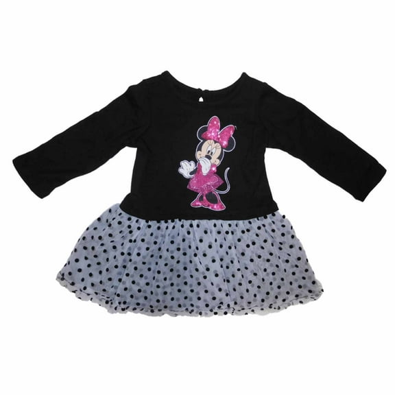Disney Infant Girls Minnie Mouse Black Dot Long Sleeve Tulle Ruffle Dress 6m