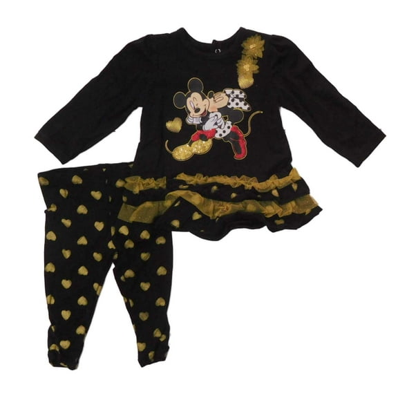 Disney Infant Toddler Girls Minnie Black Gold Tulle Ruffle Top Leggings Set 6m