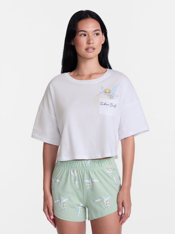 Junior's Tinker Bell 2-Piece Cropped Tee and Shorts Set (Ladies), S-XXL