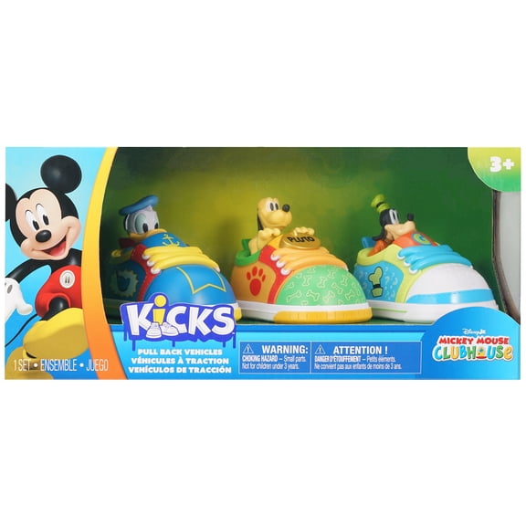 Disney Jr: Kicks Pull-Back Vehicles - 3 Pack, Donald Duck, Goofy, Pluto - 3.75" Friction Toy Cars, Shoe Shaped Racers, Mickey Mouse Clubhouse, Kids 3+