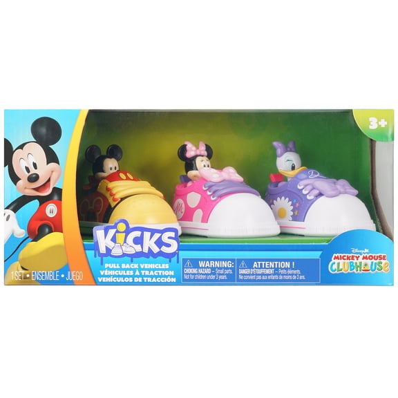 Disney Jr: Kicks Pull-Back Vehicles - 3 Pack, Mickey, Minnie, Daisy - 3.75" Friction Toy Cars, Shoe Shaped Racers, Mickey Mouse Clubhouse, Kids 3+