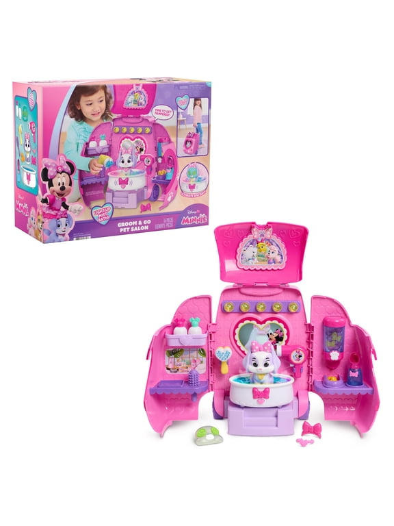 Disney Jr. Minnie Mouse Groom & Go Pet Salon Playset with Lights, Sounds, Role-Play Toy with 16 Accessories, and Cream Puff Figure, Ages 3 and up