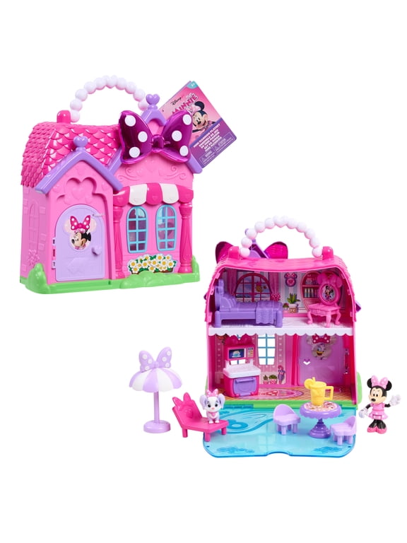 Disney Jr. Minnie Mouse Mini Mansion Playset Dollhouse, Portable Foldable House with Figures, 12 Pieces, Kids Ages 3 Years and Up